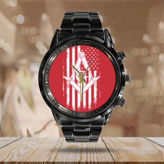 Discover Masonic American Flag Square And Compass Freemason Calendar Steel Band Watch