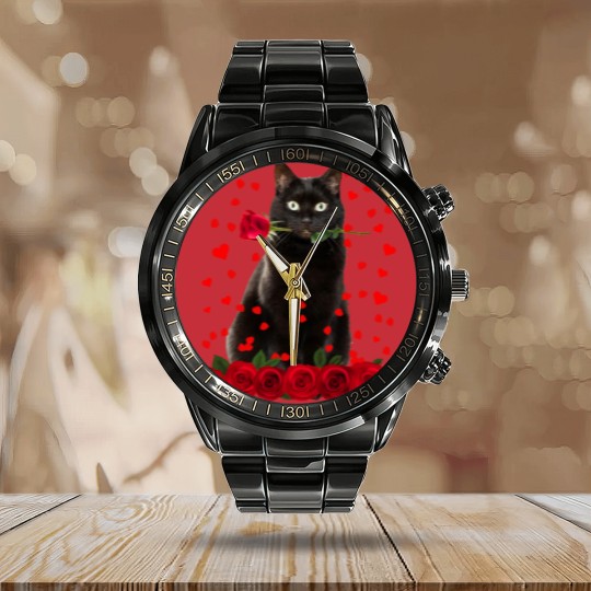 Discover Black Cat Valentines Day Teenager Calendar Steel Band Watch