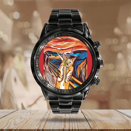 Discover Scream Calendar Steel Band Watch Funny Tabby Cat Scream Edvard Munch's Painting The Scream