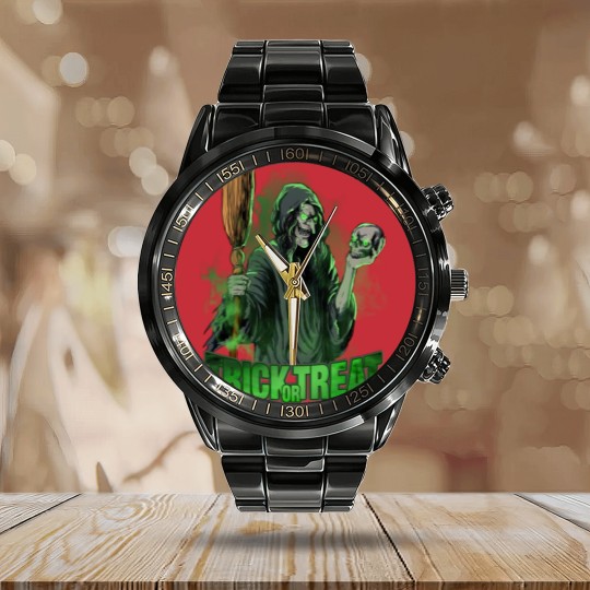 Discover Scary evil Witch with Skull and Broom Halloween Calendar Steel Band Watch