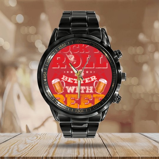 Discover rock n roll beer Calendar Steel Band Watch