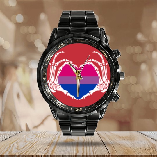 Discover Skeleton Hand Heart Bisexual Funny Halloween Calendar Steel Band Watch