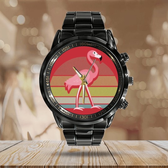 Discover Flamingo Calendar Steel Band Watch Sunset Retro Vintage 70s Animal Nature Lovers - Flamingo - Calendar Steel Band Watch