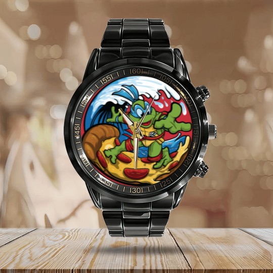 Discover ninja turtles surfing pizza Calendar Steel Band Watch