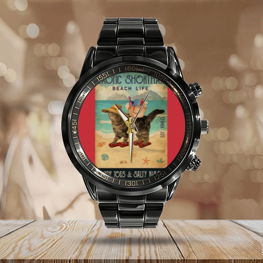 Discover Beach Life Sandy Toes Exotic Shorthair cat gift Calendar Steel Band Watch