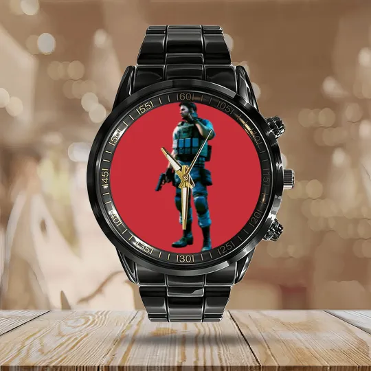 Discover Chris Redfield Residence Evil Biohazard 5 Gold Premium Unisex Calendar Steel Band Watch