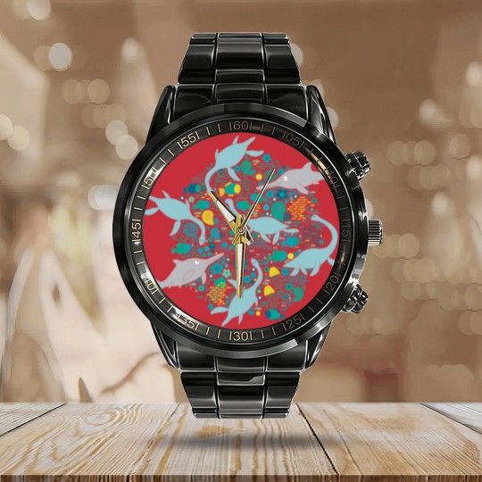 Discover Swimming with Plesiosaurs - cute prehistoric animal design - Swimming - Calendar Steel Band Watch