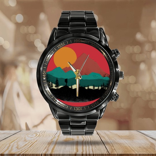 Discover Retro Evergreen Mountain Hiker Calendar Steel Band Watch