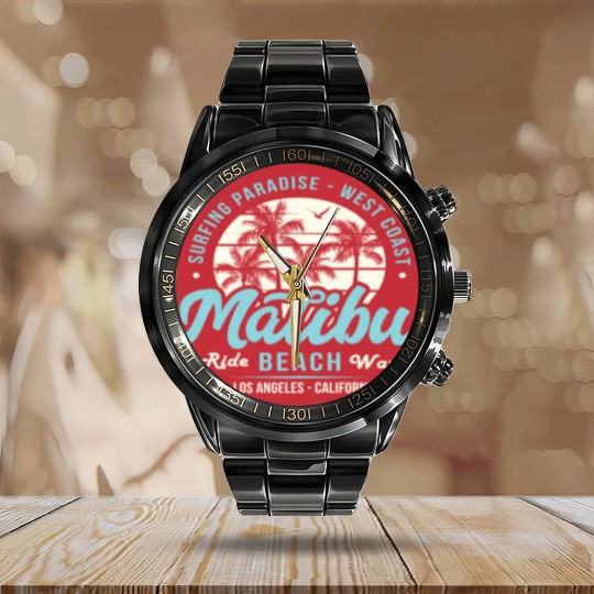 Discover Surfing Paradise Malibu Beach Ride Wave Calendar Steel Band Watch