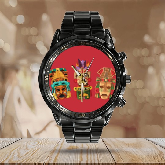Discover Aztec Mask Inca Culture Maya Civilization Gift Calendar Steel Band Watch