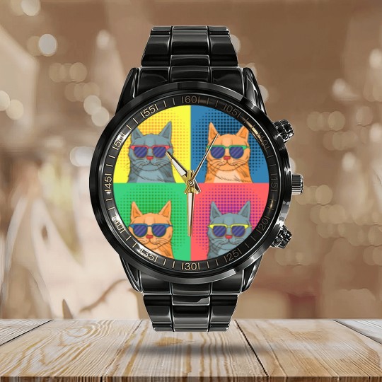 Discover cat pop art Calendar Steel Band Watch