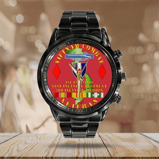 Discover Vietnam Combat Vet - 1st Bn 61st Infantry - 5th Inf Div SSI - Vietnam Combat Vet 1st Bn 61st Infan - Calendar Steel Band Watch