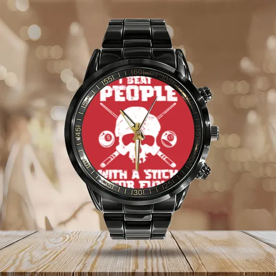Discover Pool Billiard - I Beat People With A Stick For Fun Calendar Steel Band Watch