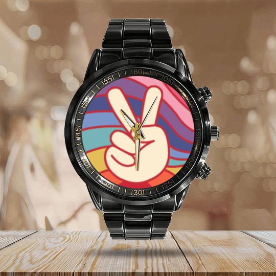 Discover Groovy Peace Sign Hand Hippie Vintage 70s Gift Calendar Steel Band Watch