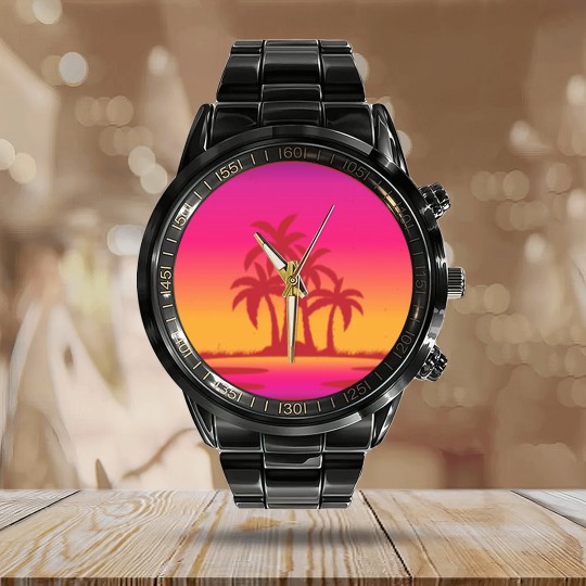 Discover Retro Sunset Retrowave Lake Sunsetby retrohub Calendar Steel Band Watch