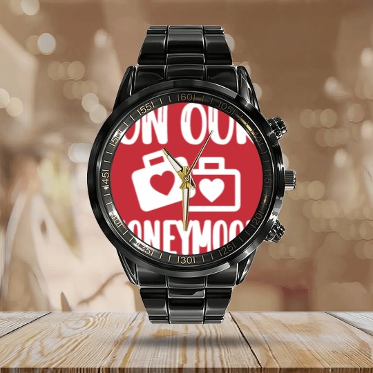 Discover Honeymoon Vacation Wedding Couple Honeymooning Calendar Steel Band Watch