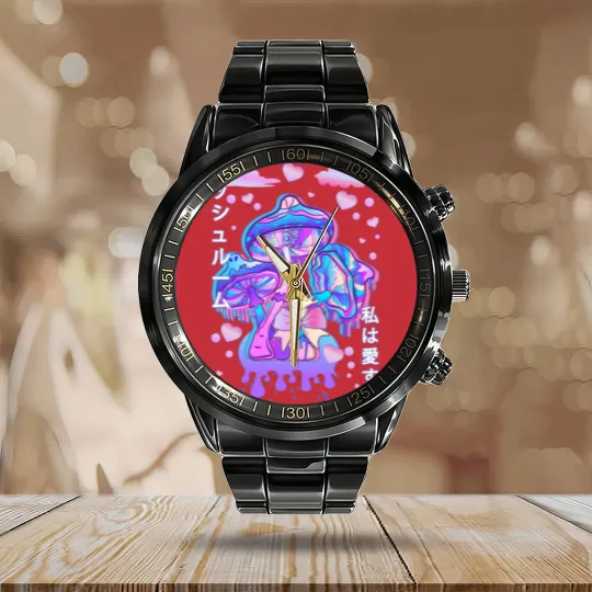Discover Pastel Goth Mushroom Japan Kanji Calendar Steel Band Watch