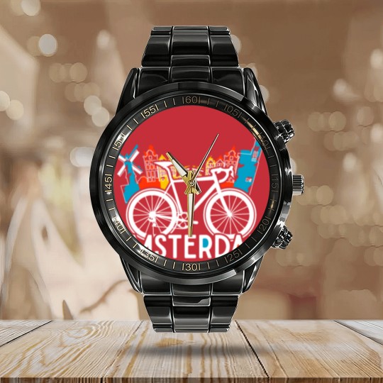 Discover Amsterdam bike in Holland Calendar Steel Band Watch