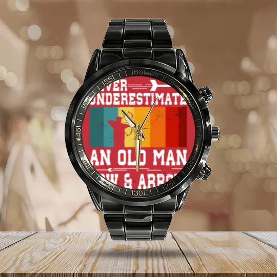 Discover Never Underestimate An Old Man With Bow and Arrow Calendar Steel Band Watch