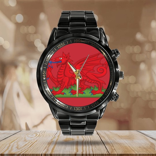 Discover Wales Red Dragon National Flag Symbol Calendar Steel Band Watch