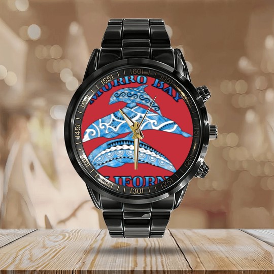 Discover Morro Bay California Vacation Tribal Dolphins Calendar Steel Band Watch