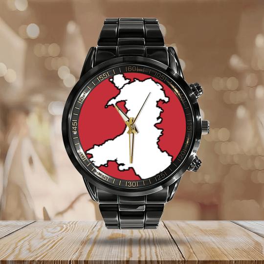 Discover Wales Black Outine Map Calendar Steel Band Watch