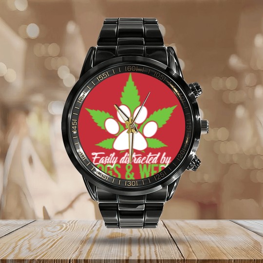 Discover Easily Distracted By Dogs & Weed Calendar Steel Band Watch