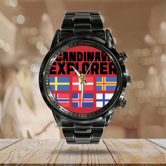 Discover Scandinavia Explorer Flags Iceland Sweden Norway Calendar Steel Band Watch