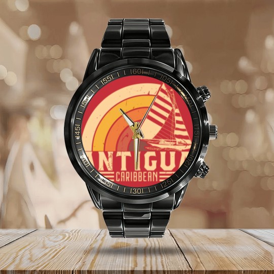Discover Antigua Retro Sailing Vacation Design - Antigua - Calendar Steel Band Watch