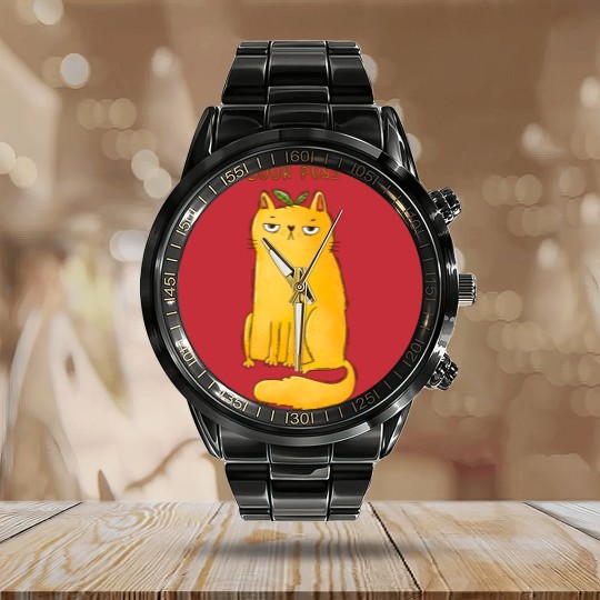 Discover Sour Puss - Cat - Calendar Steel Band Watch