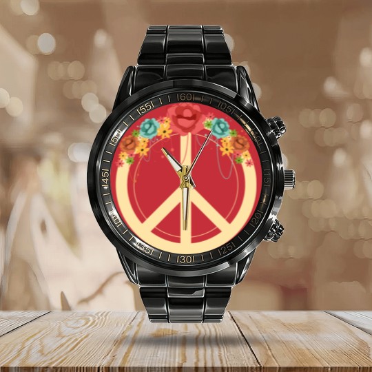 Discover Floral Peace Symbol Hippie Lover Peace Sign Calendar Steel Band Watch