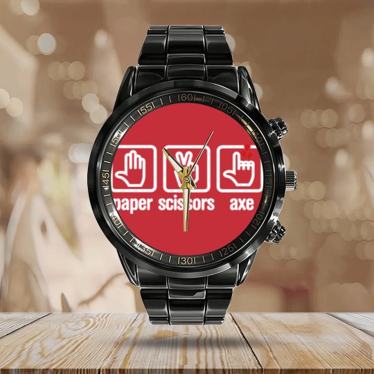Discover Paper - Scissors - axe - Rock - lumberjack Calendar Steel Band Watch