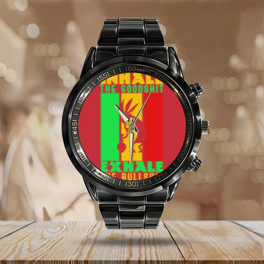 Discover Weed Inhale Goodshit Exhale Bullshit Calendar Steel Band Watch