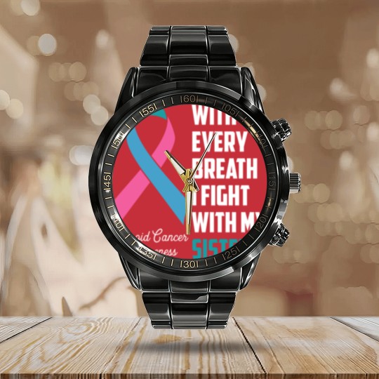 Discover Sister Thyroid Cancer Awareness Blue Pink Teal Rib Calendar Steel Band Watch