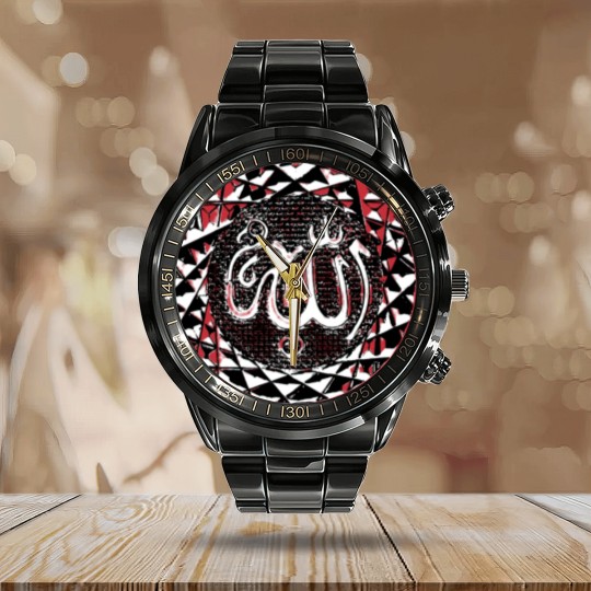 Discover Seal Allah Arabic writing Muslim Islam Arab Calendar Steel Band Watch