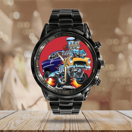 Discover Classic Fifties Hot Rod Muscle Car Cartoon - Car - Calendar Steel Band Watch