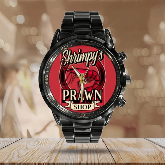 Discover Shrimpy's Prawn Shop Logo. Pawn Shop Prawn Pun Calendar Steel Band Watch