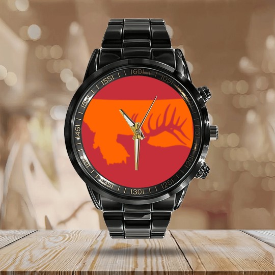 Discover Montana Elk Hunting Calendar Steel Band Watch
