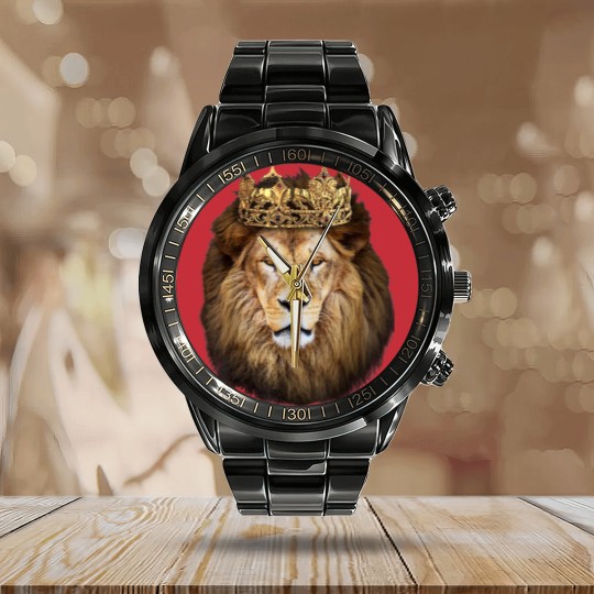 Discover Lion Head Golden Crown Art Canvas King Calendar Steel Band Watch
