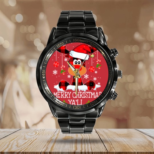 Discover Merry Christmas Ya'll Reindeer Santa Hat Buffalo Red Plaid Calendar Steel Band Watch