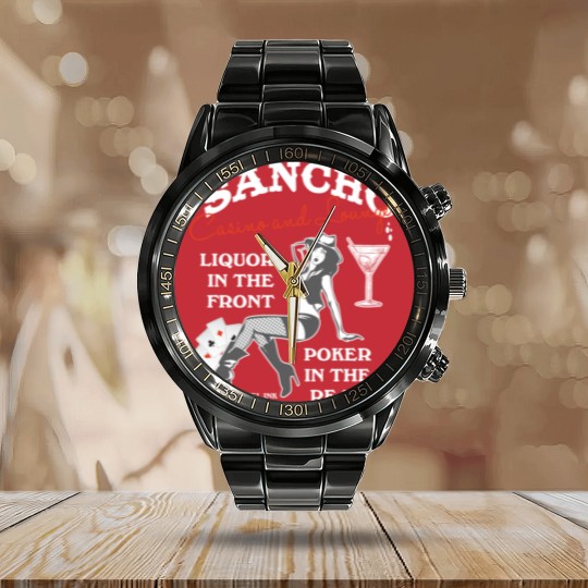 Discover Sancho casino and lounge Liquor in the front Calendar Steel Band Watch