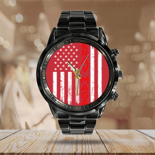 Discover Krav Maga Self Defense USA American Flag Fighter Calendar Steel Band Watch