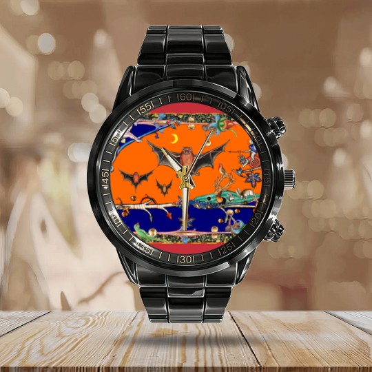 Discover WEIRD MEDIEVAL BESTIARY,FLYING BATS IN NIGHT BLUE Calendar Steel Band Watch