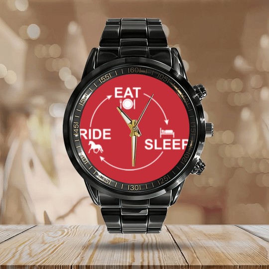 Discover Riding cycle: Eat-Sleep-Ride Repeat Horse 24/7 Calendar Steel Band Watch