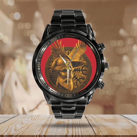 Discover Norse God ODIN & Huginn Raven Men's Calendar Steel Band Watch