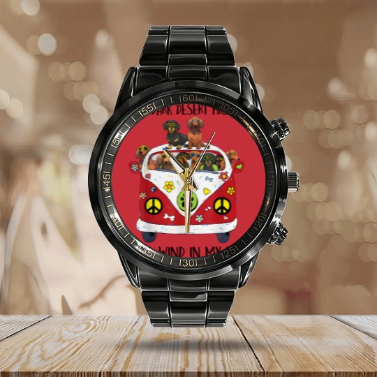 Discover On A Dark Desert Highway Cool Wind in My Hair Dachshund Calendar Steel Band Watch