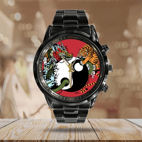 Discover dragon and tiger yin yang symbol Calendar Steel Band Watch