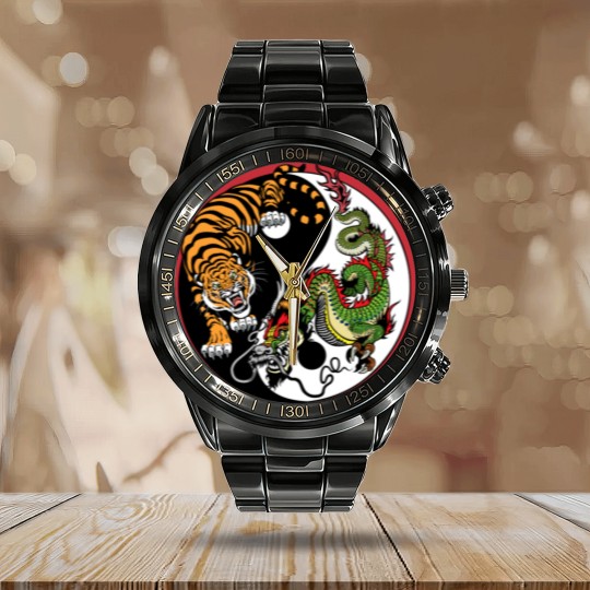 Discover dragon and tiger yin yang symbol Calendar Steel Band Watch