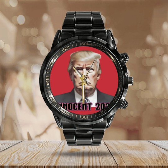 Discover President Donald J. Trump Not Guilty 2023 Indictment Calendar Steel Band Watch