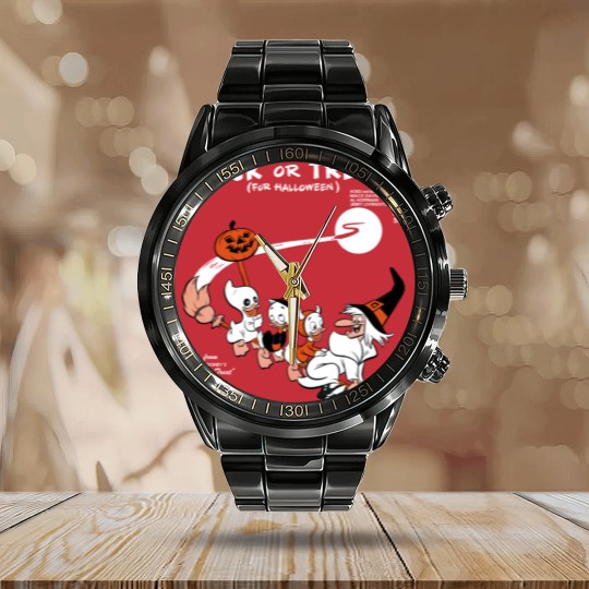Discover Trick Or Treat Calendar Steel Band Watch, Huey Dewey Louie Witch Halloween Calendar Steel Band Watch